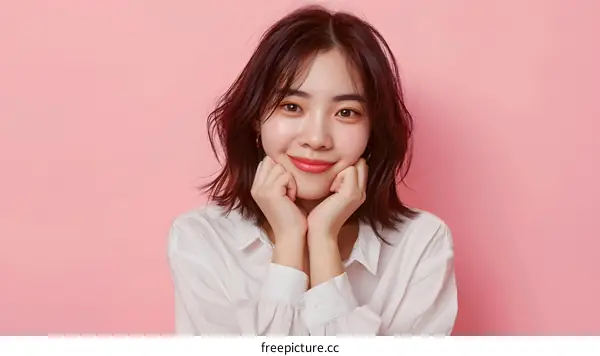 Portrait of a Beautiful Asian Woman With Short Hair in a White Shirt on Pink Background