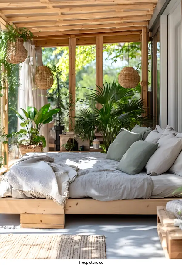 Cozy Wooden Patio With Bed And Plants