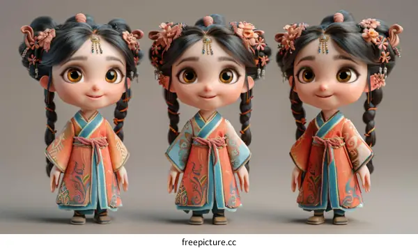 Three cute cartoon Chinese girls in traditional Hanfu