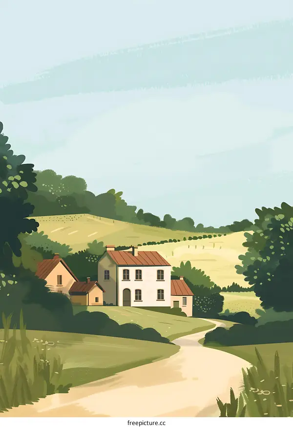 Countryside Landscape with Winding Road and Houses