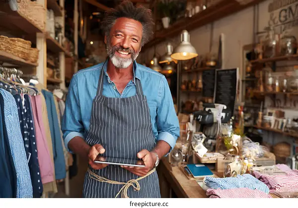 Smiling African American Shopkeeper Using Tablet in a Cozy Store