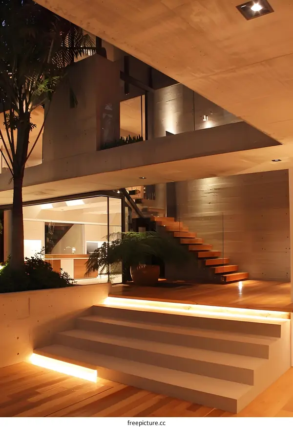 Modern Concrete House with Wooden Stairs and Palm Tree