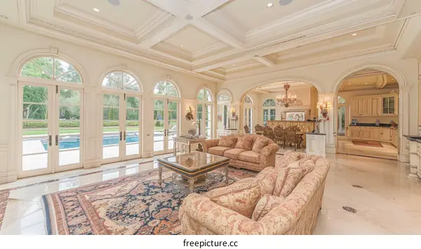 Ornate living room with coffered ceiling and marble floor
