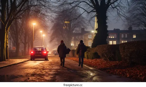 Two people walking down a tree-lined street at night