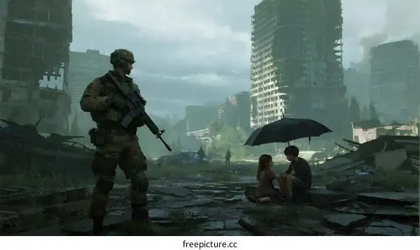 A soldier with gun standing in front of two people sitting under umbrella in ruined city
