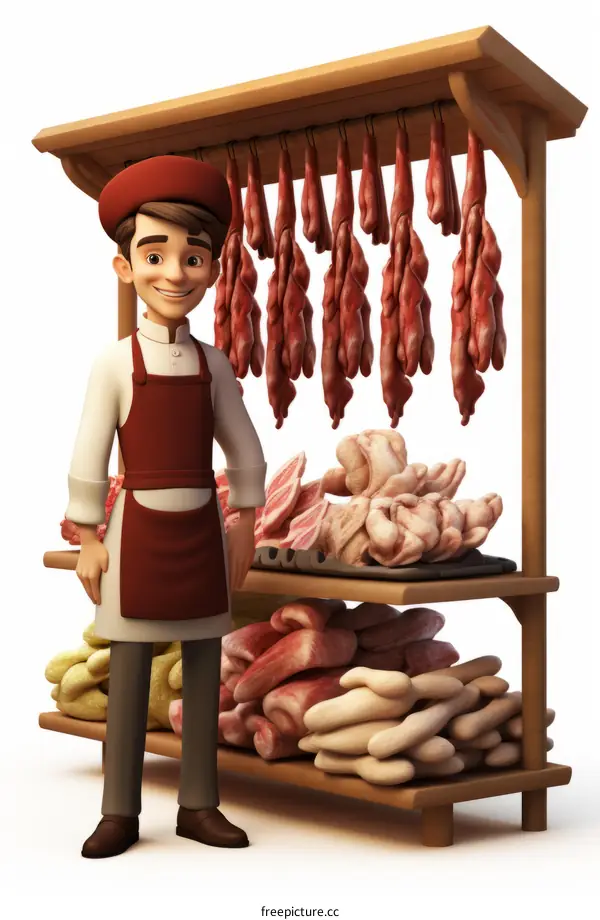 A butcher standing in front of a meat stall