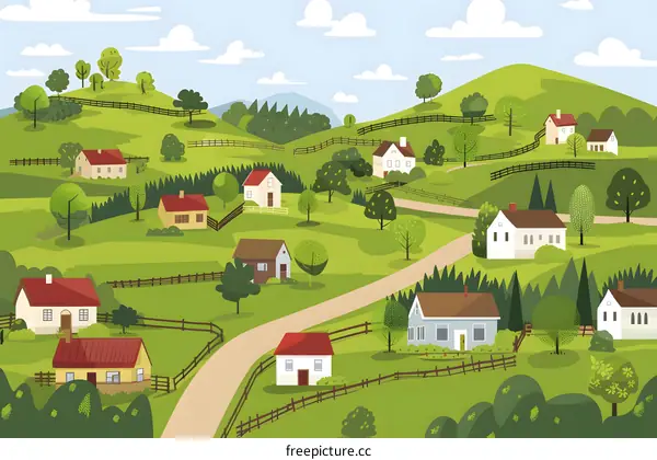 Green Hills Village Illustration with Houses and Trees