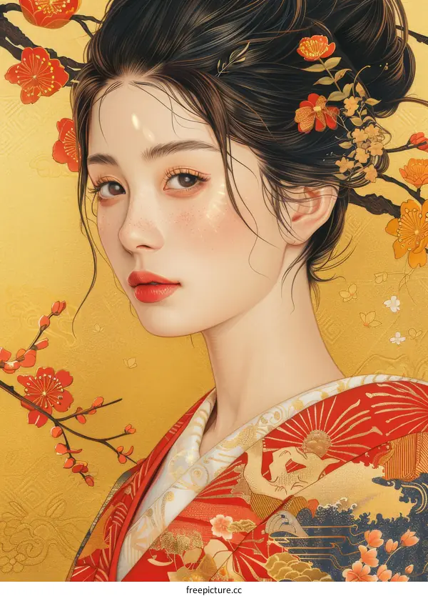 Portrait of a beautiful Asian woman in a red kimono with cherry blossoms