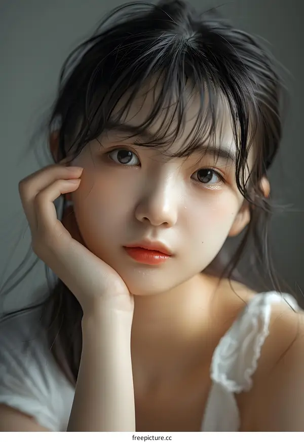 Portrait of a Young Woman with Dark Hair and White Shirt