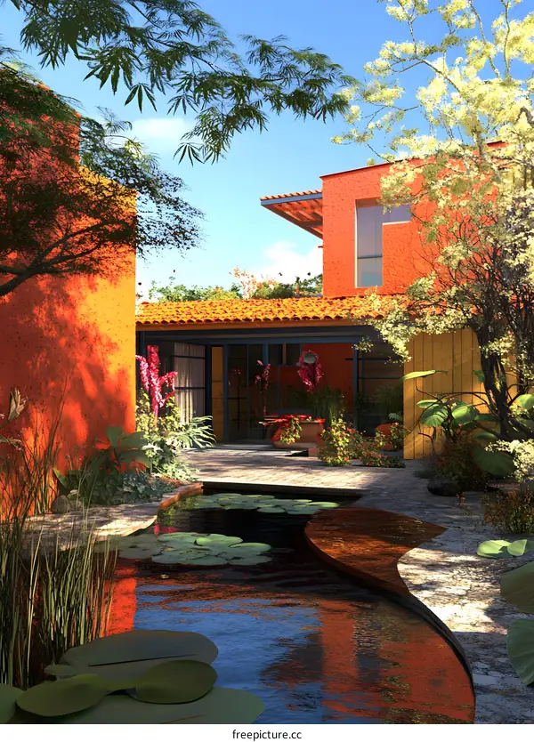 Orange House with Pond and Lush Greenery
