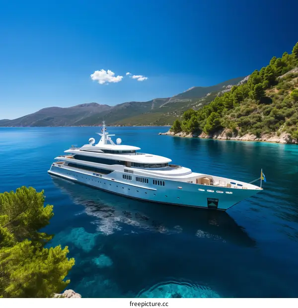 A luxurious white yacht moored in a tranquil bay lined with lush green hills