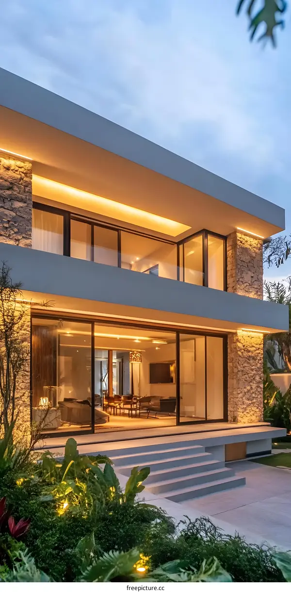 Modern Home Exterior Design with Stone Wall and Large Windows