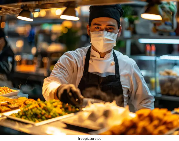 Hispanic chef wearing a mask and gloves while preparing food in a commercial kitchen
