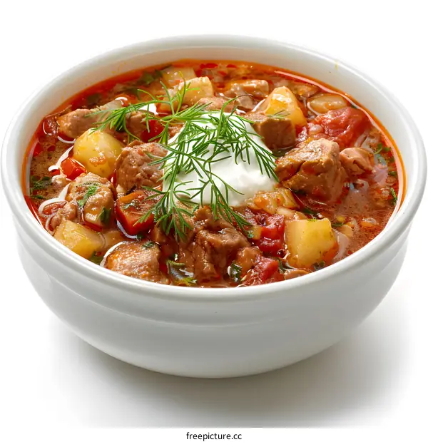 A bowl of beef stew with vegetables and sour cream