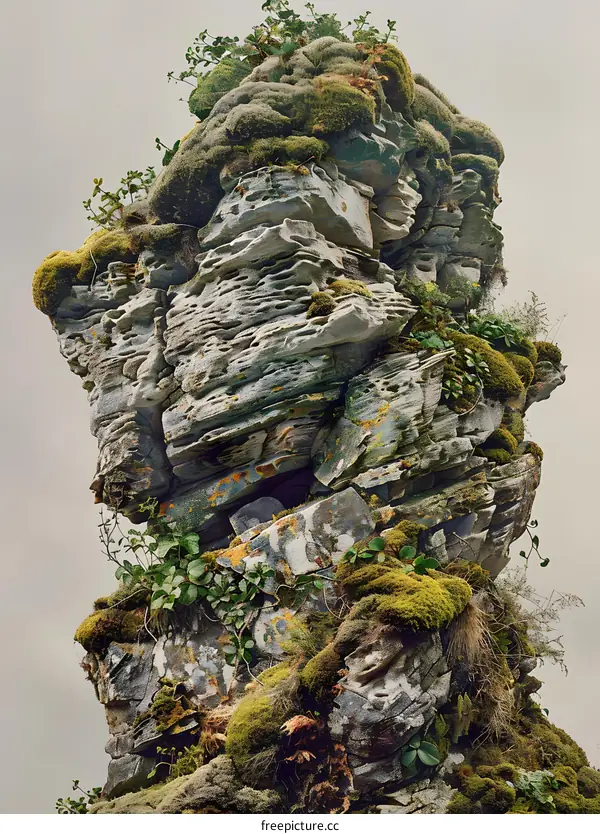Layered Rock Formation Covered In Green Moss And Plants