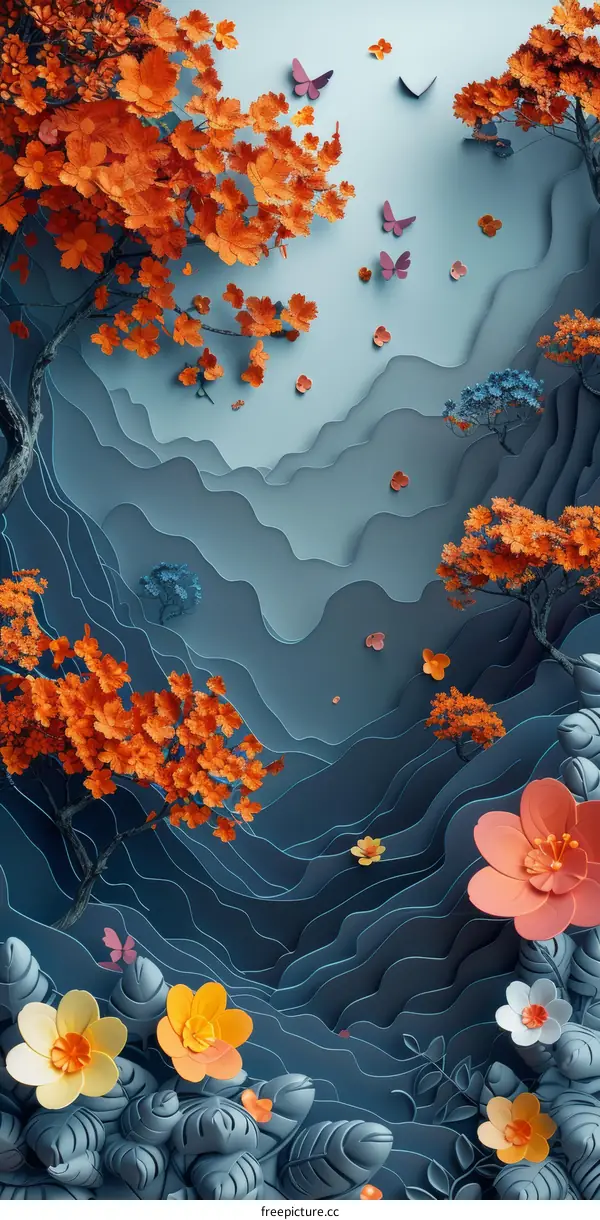 Blue and Orange 3D Landscape with Flowers and Butterflies