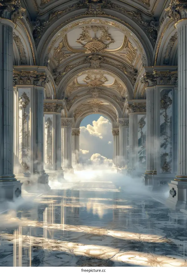 Grand Hallway with Marble Columns and Coffered Ceiling