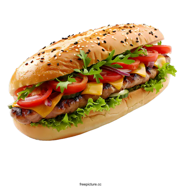 [Transparent Background PNG]Delicious Grilled Sausage Sub with Fresh Vegetables and Cheese