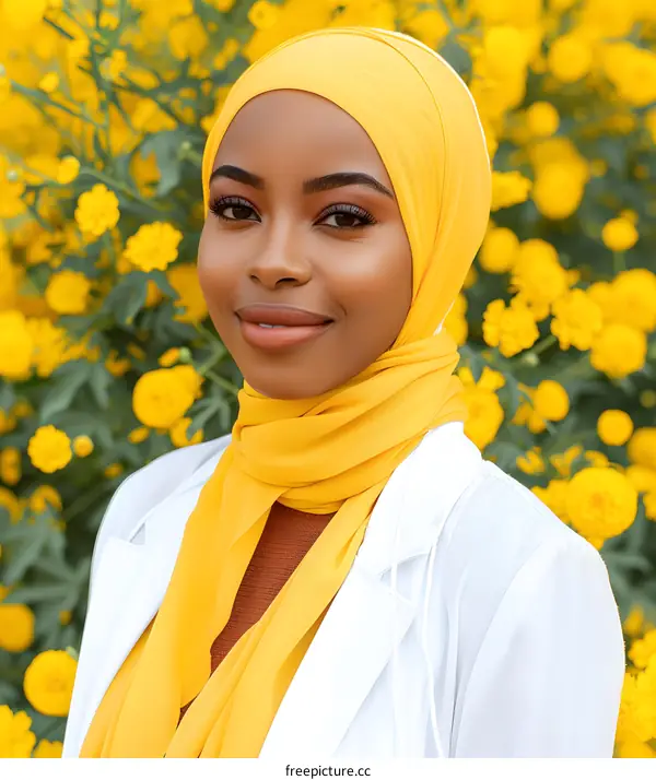 African Woman in Yellow Hijab Standing in a Field of Flowers