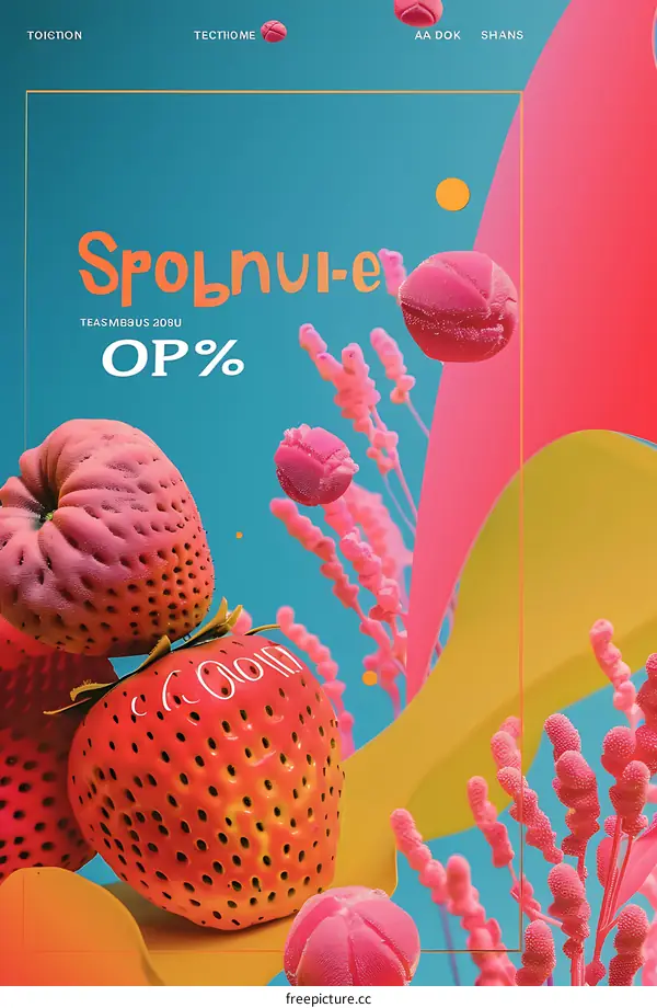 Abstract 3D Strawberry Fruit with Flowers and Geometric Shapes