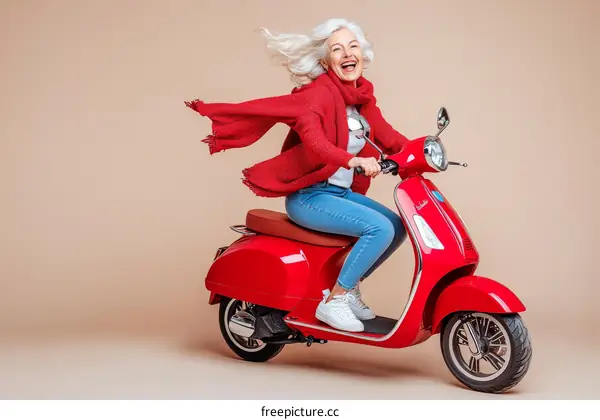 Stylish Senior Woman Riding a Red Scooter