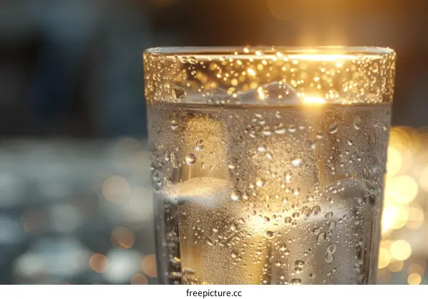 Close-up of a glass of water with ice cubes and condensation on the surface