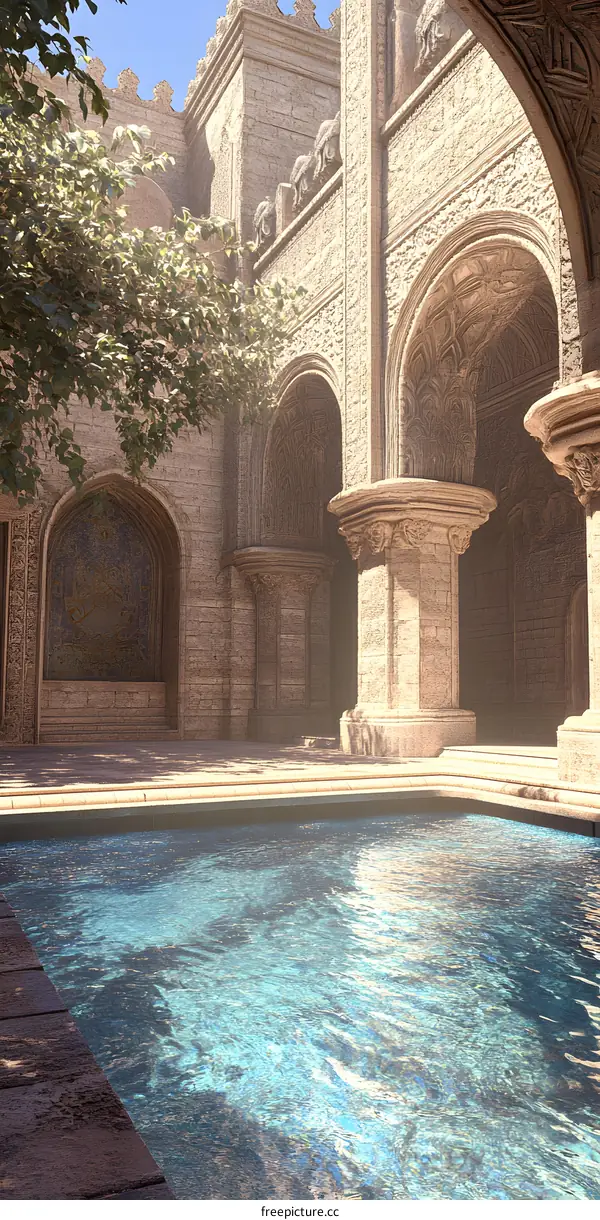 Ancient Architecture with Pool and Archway