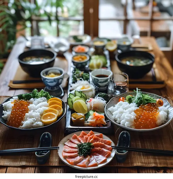 Japanese food spread on a table