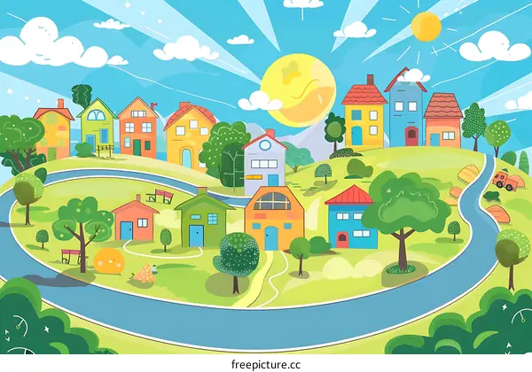 Colorful Houses in a Green Landscape With a Winding Road