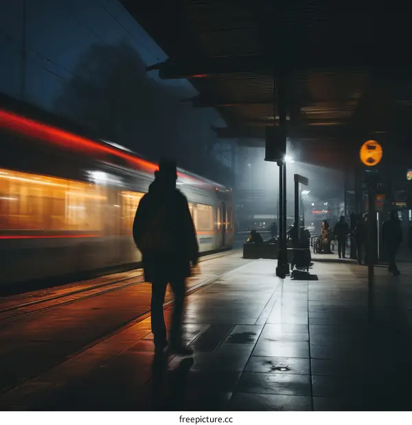 People waiting for a train on a foggy night