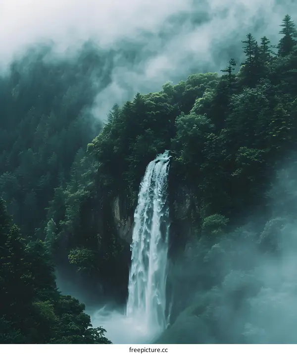 Waterfall In A Misty Forest