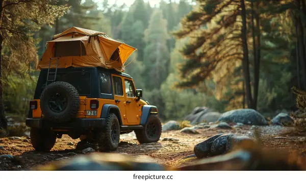 Yellow Jeep with a rooftop tent parked in the woods