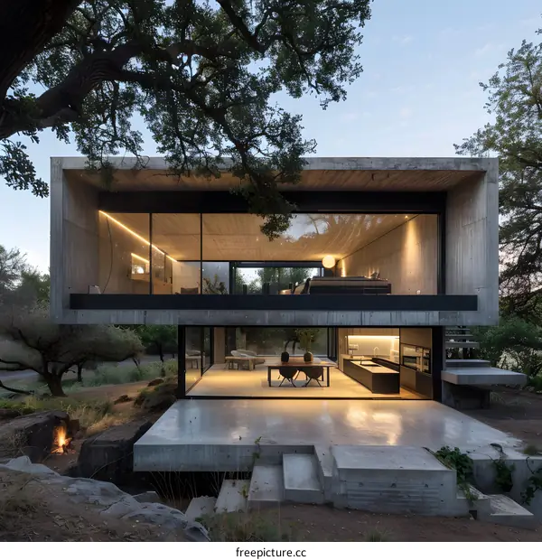 Modern Concrete House with Large Windows in the Woods