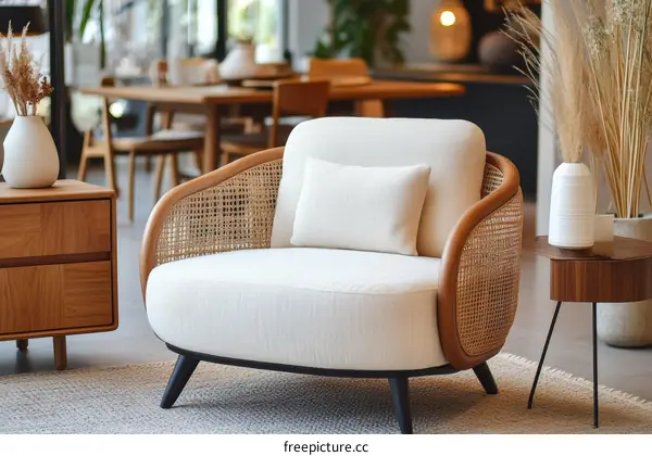 Modern Beige Fabric Armchair with Wooden Frame