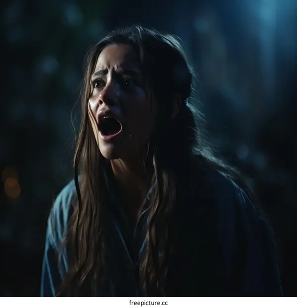 terrified woman screaming in the dark