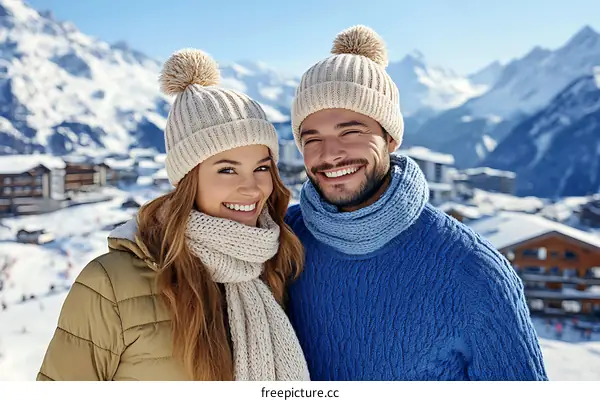 Couple Smiles Against Snowy Mountain Scenery