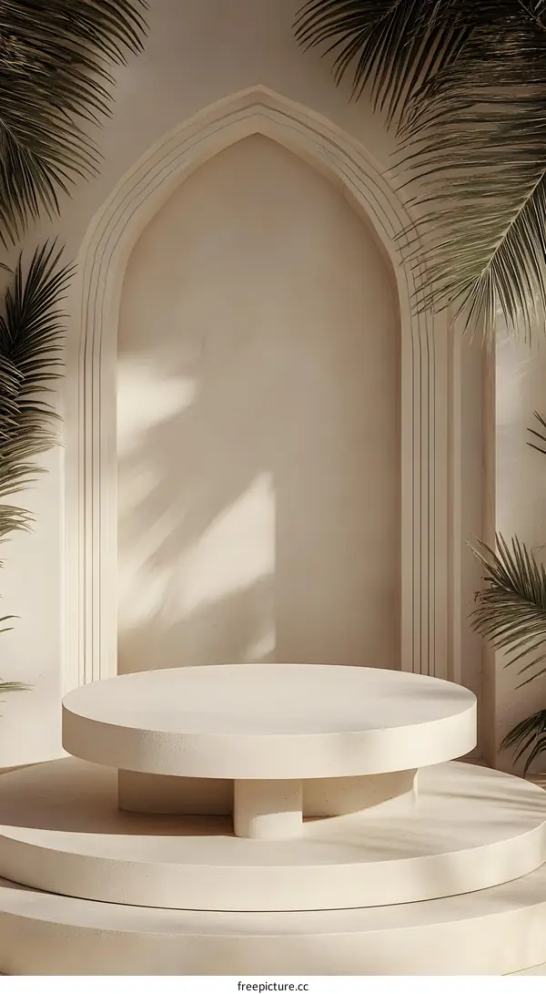 Minimalist Round Podium with Arch and Palm Tree Leaves