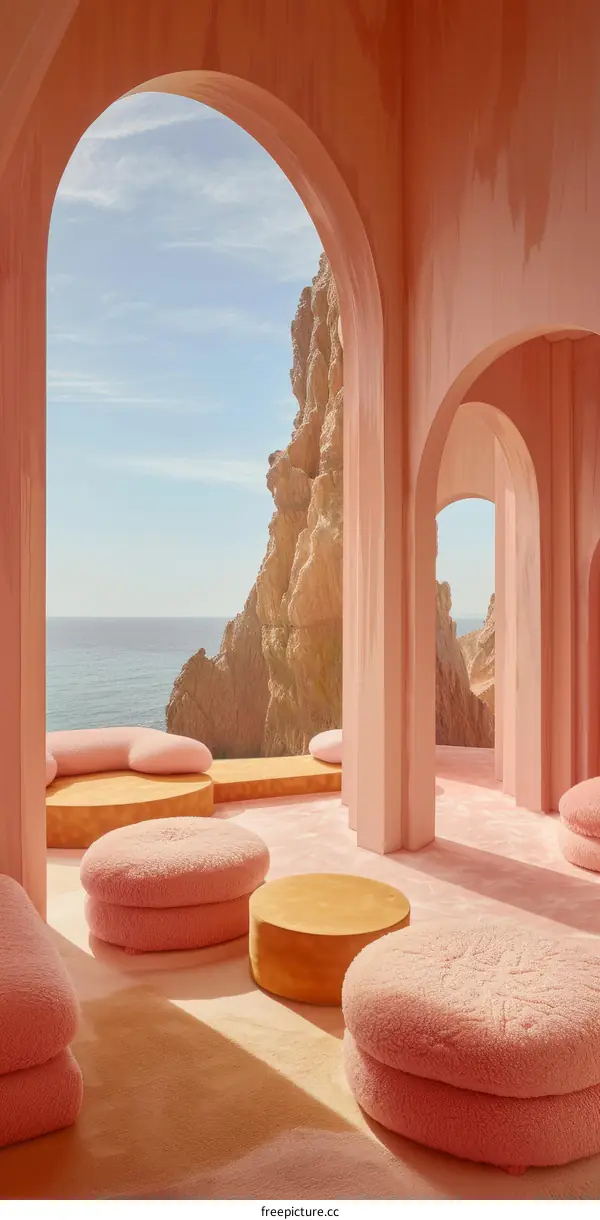 pink concrete curved arch building interior with ocean view