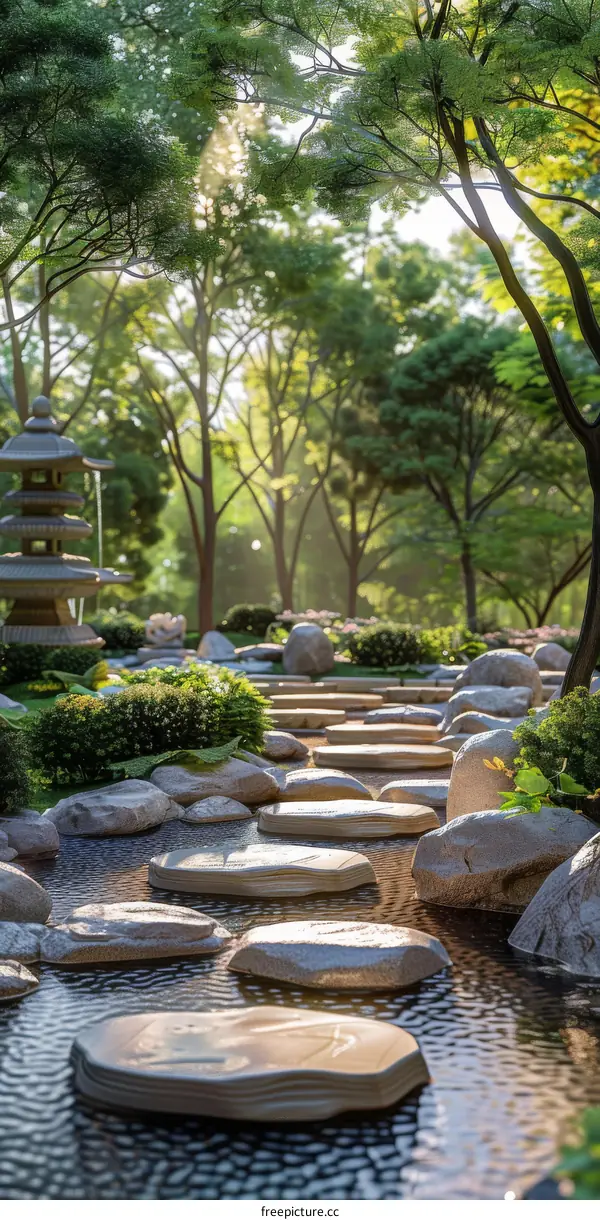 Chinese Garden Landscape Design Visualization: Pavilion, Bridge, Rock Formations