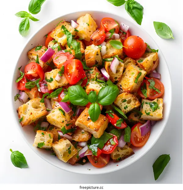 Top view of bruschetta with tomatoes, basil and red onion