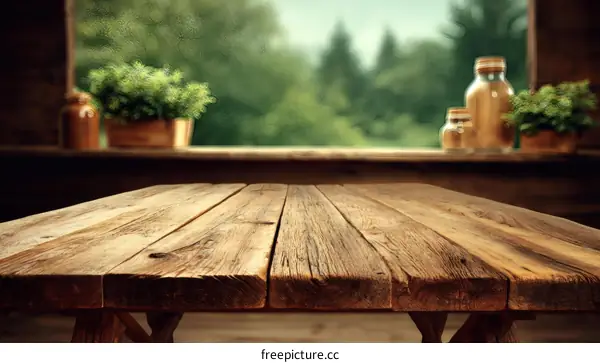 Rustic Wooden Table Top with Blurred Background
