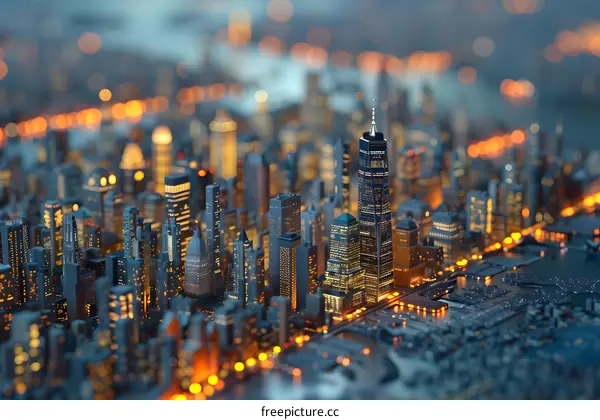 A miniature model of a city with skyscrapers and lights.