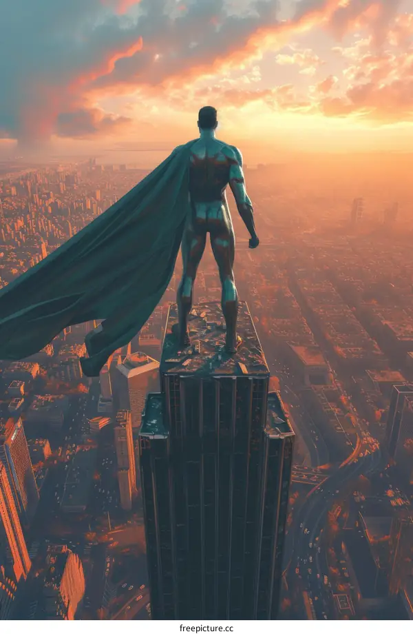 A superhero stands on a rooftop overlooking a city at sunset