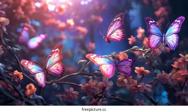 Pink, purple, and blue butterflies on a branch with pink flowers
