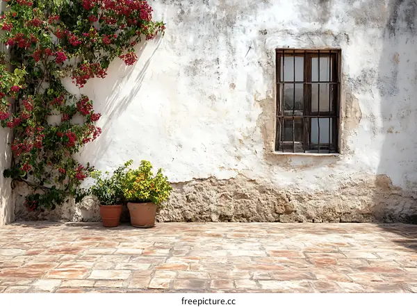 White Wall With Window and Plants in Pots