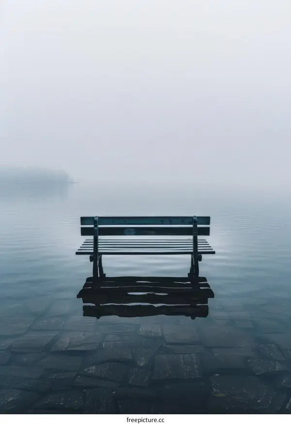 Wooden bench partially submerged in water with a foggy background