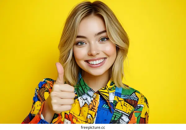 Smiling Woman Giving Thumbs Up Against Yellow Background