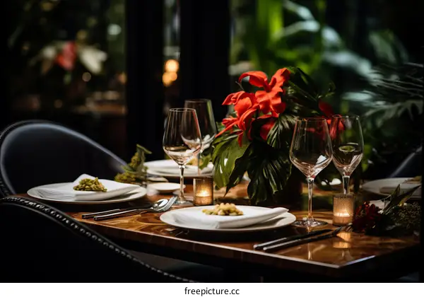 Fine dining table setting with wine glasses and flower centerpiece