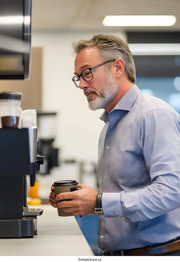 Man Making Coffee in Office Kitchen