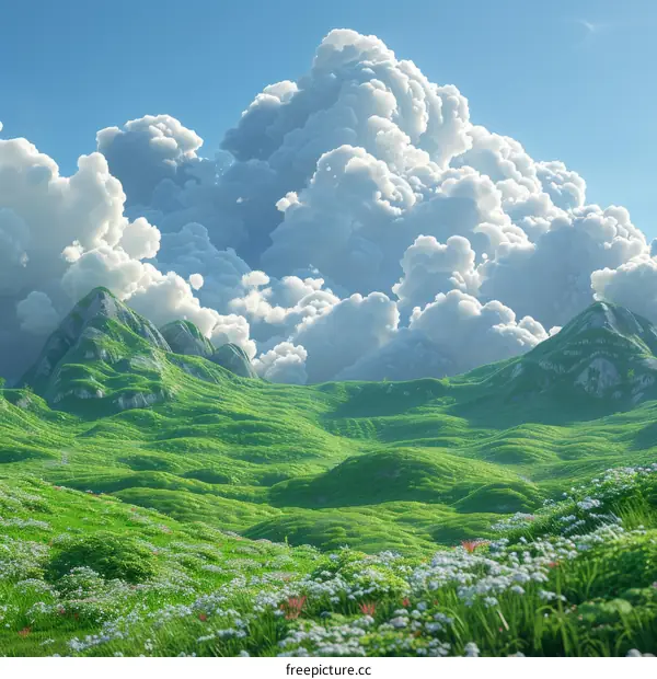 Rolling Green Hills under Blue Skies and White Clouds